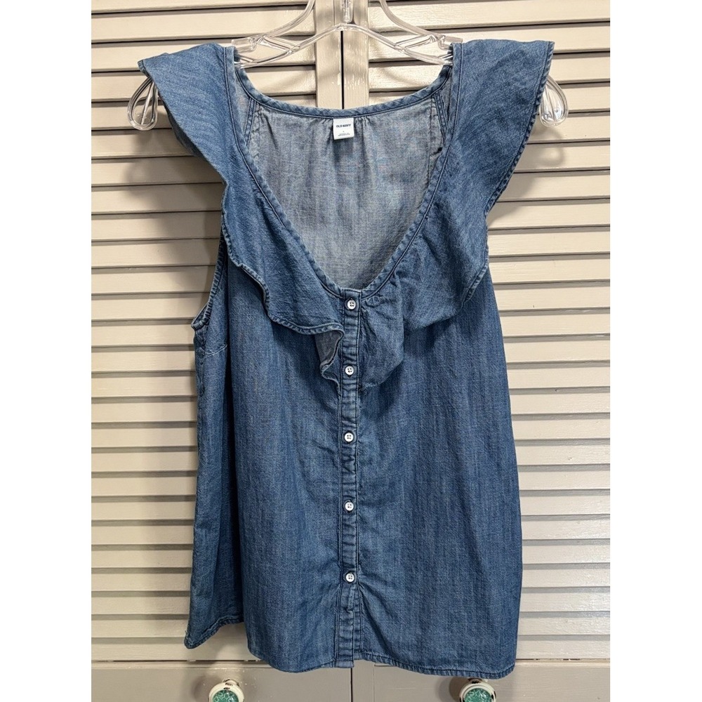 Old Navy Denim Ruffle Button Up Sleeveless Shirt Size Large Cotton Summer